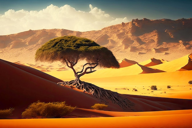 Belle montagne e albero solitario tra la calda sabbia gialla del deserto