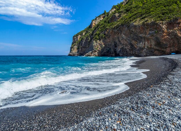 Belle onde di schiuma in una giornata di sole nel Mar Egeo sull'isola di Evia in Grecia