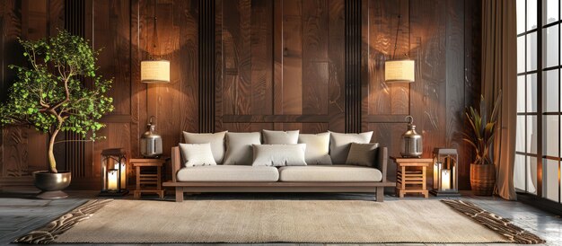 Belle pareti di legno scuro a disegni in un salotto vuoto adornato con divani, alberi e lanterne