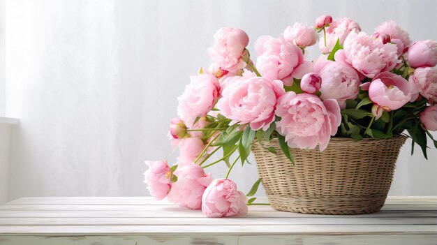 Belle peonie in cestino di vimini sul tavolo vicino al muro bianco