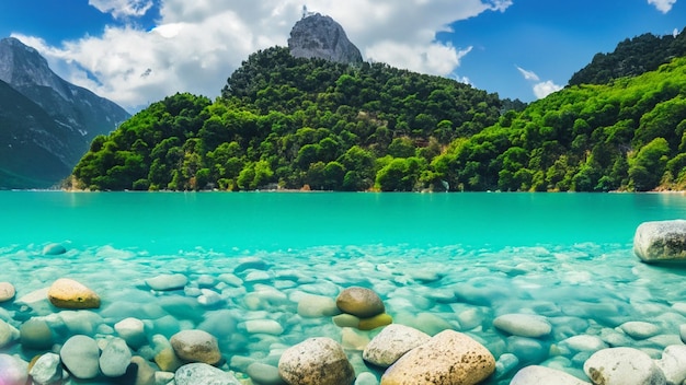 Belle pietre sotto l'acqua turchese di un lago e colline sullo sfondo