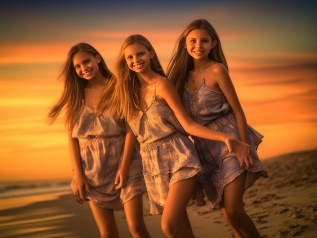 Belle ragazze che ridono e sorridono sulla spiaggia durante le vacanze