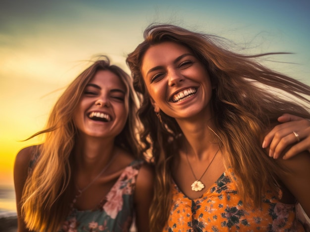 Belle ragazze che ridono e sorridono sulla spiaggia durante le vacanze