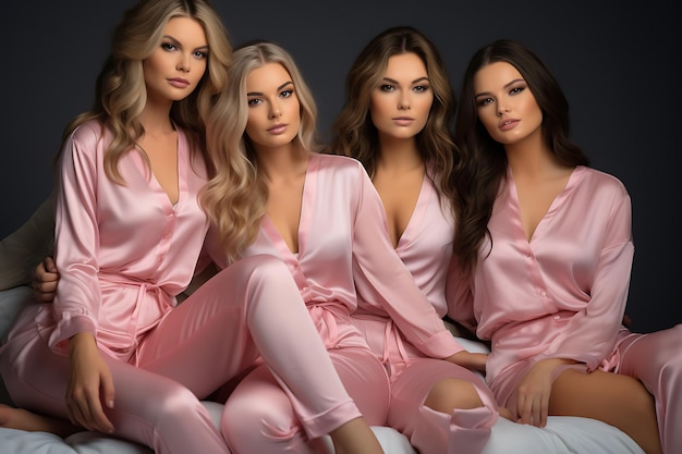 Belle ragazze sono sedute su un letto in abito da notte rosa
