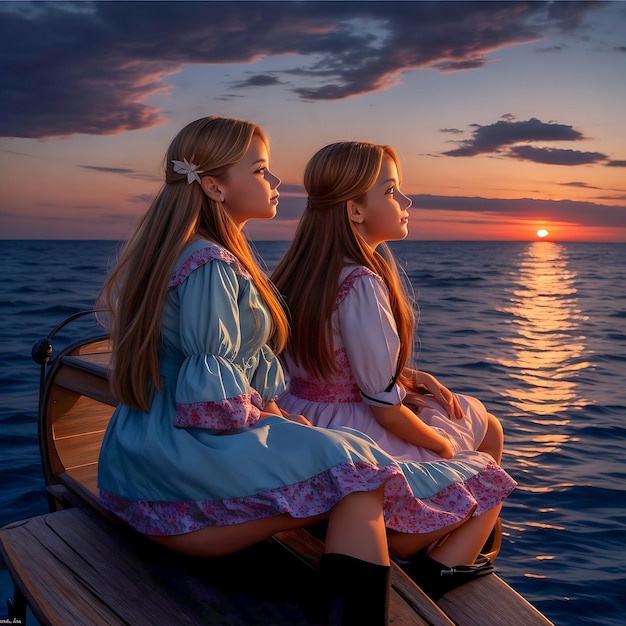 Belle ragazze sul mare al tramonto tramonto e vista mozzafiato all'alba