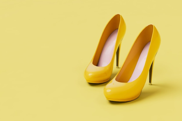 Belle scarpe da donna con tacchi gialli su sfondo giallo copia incolla copia spazio rendering 3D