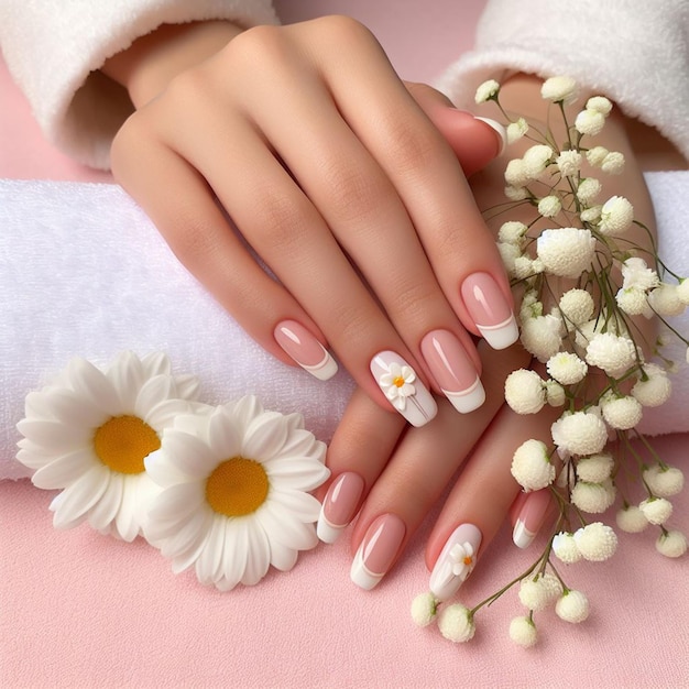 Belle unghie femminili manicure francese nail spa sfondo floreale