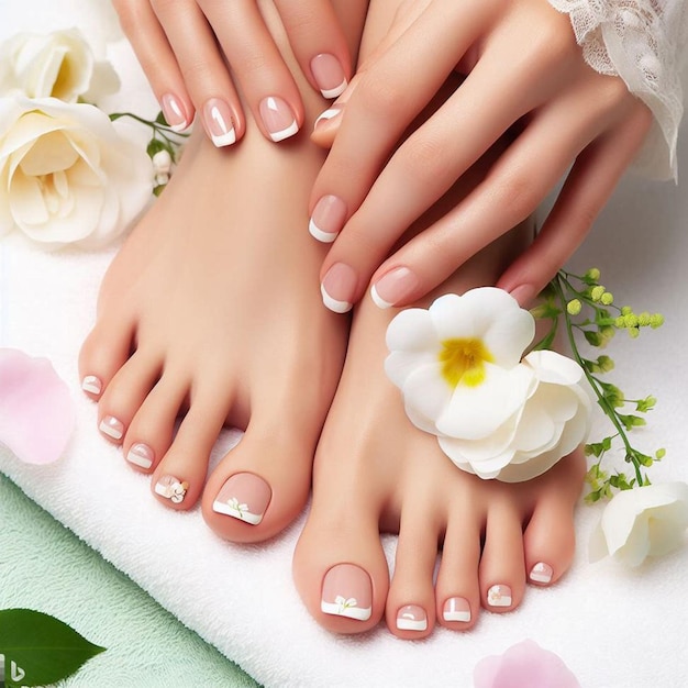 Belle unghie femminili manicure francese nail spa sfondo floreale