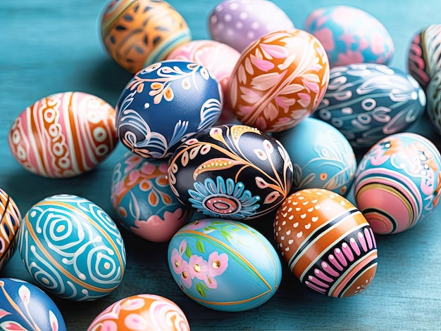 Belle uova di Pasqua colorate su uno sfondo di legno blu