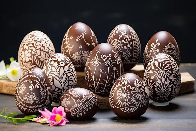 Belle uova di Pasqua decorate con un coniglietto di cioccolato