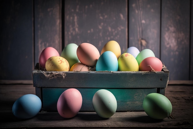 Belle uova di Pasqua variopinte su legno blu