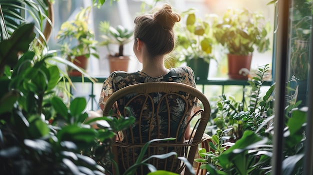 Bellezza botanica Donna rilassante abbracciata dalla natura su un balcone verde IA generativa