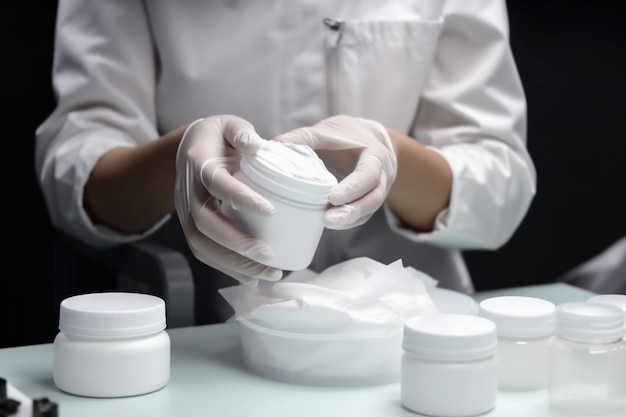 Bellezza cosmetica crema bottiglia vasetto ricerca prodotto cura laboratorio medicina Generativo AI