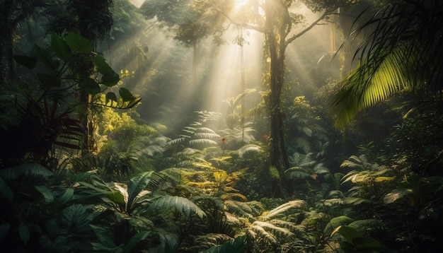 Bellezza della foresta pluviale tropicale nella nebbia misteriosa della natura generata dall'intelligenza artificiale