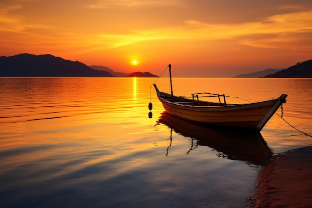 bellezza di un tramonto dorato su una spiaggia tranquilla con colori caldi riflessi nelle acque calme che ai generare