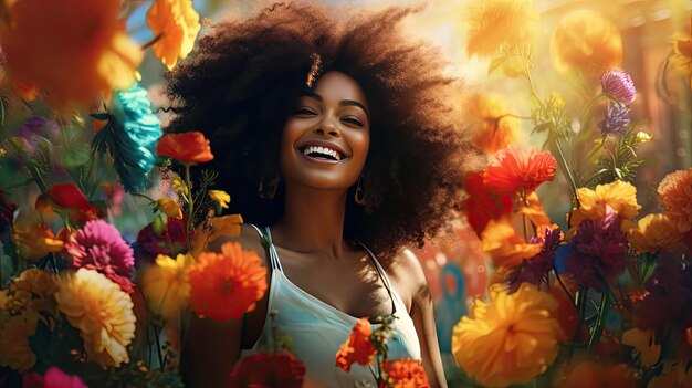 Bellezza di una bella donna africana con uno sfondo di fiori colorati