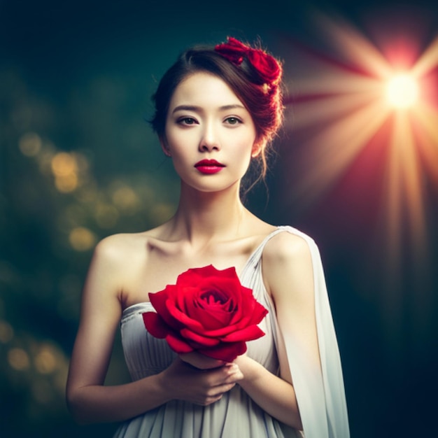 bellezza donna asiatica ragazza carina sentirsi felice tenendo fiore rosa rossa