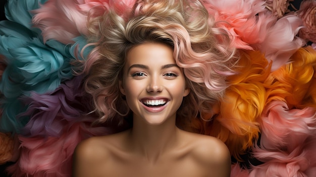 Bellezza Donna con capelli colorati accessori per unghie e un sorriso gioioso GENERA AI