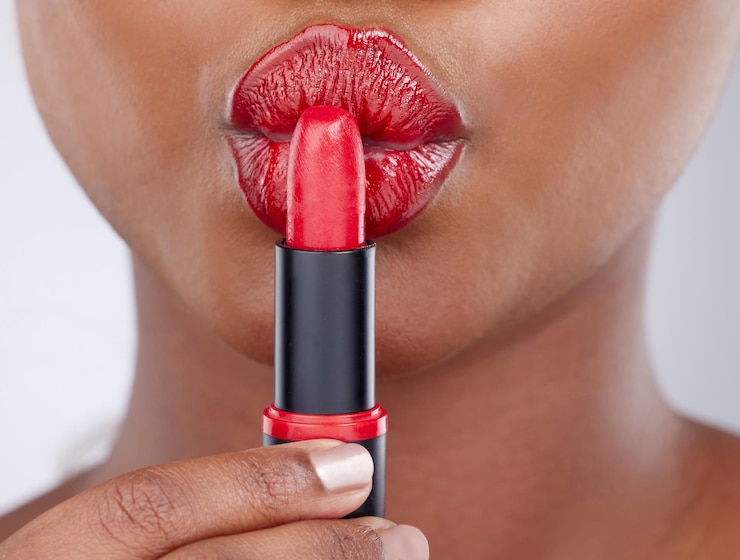 Foto bellezza e donna si baciano in studio con rossetto per prodotti cosmetici trucco e cura della pelle cosmetologia bacio e primo piano della bocca di una persona con lucentezza delle labbra e colore rosso su sfondo bianco