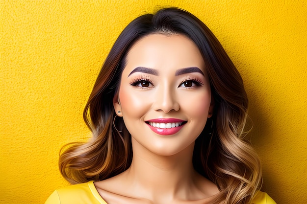 Bellezza e pelle sana donna con trucco naturale su sfondo giallo