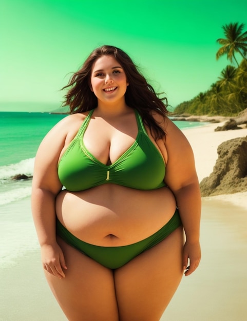 bellezza felice modello Plussize spiaggia pandscape sfondo