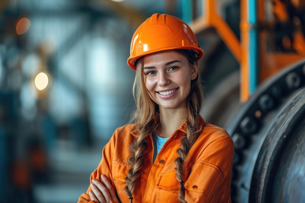 bellezza felice sorridente ingegnere professionista con casco in fabbrica