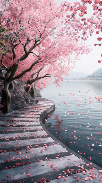 Bellezza in fiore alberi di ciliegio incantevoli in piena fioritura dipingendo il paesaggio con vibranti sfumature di rosa e bianco creando una splendida esposizione di eleganza naturale e fascino primaverile