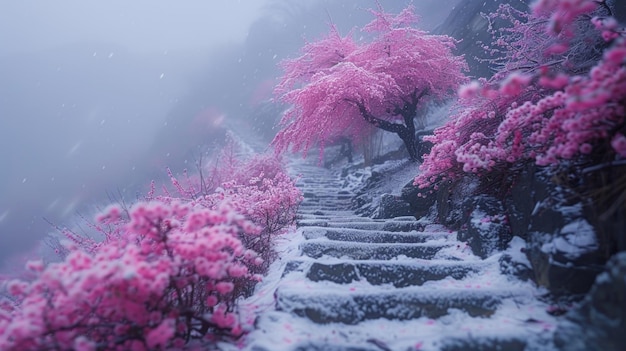 Bellezza in fiore alberi di ciliegio incantevoli in piena fioritura dipingendo il paesaggio con vibranti sfumature di rosa e bianco creando una splendida esposizione di eleganza naturale e fascino primaverile