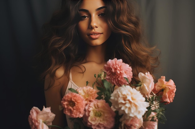 Bellezza in fiore Un stupendo primo piano di una donna che abbraccia fiori ar 32