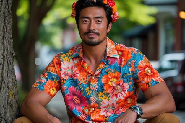 Bellezza in fiore Uomo asiatico con corona floreale
