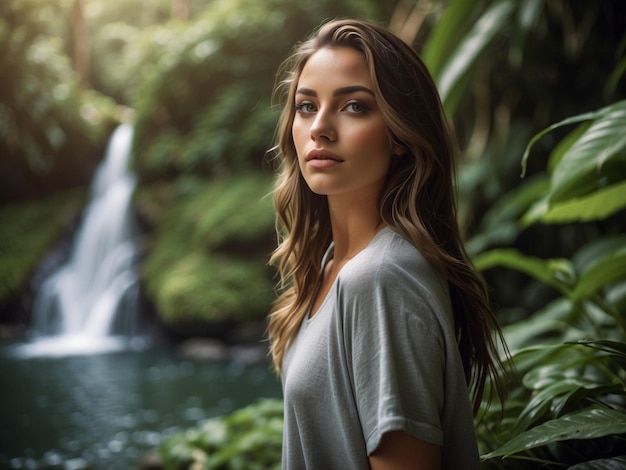 Bellezza naturale Ragazza attraente che posa davanti a maestose cascate Una scena affascinante di serenità e fascino Perfetto per momenti di tranquillità AI generativa