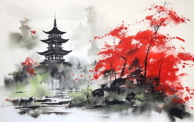 Bellezza nell'antica arte cinese con albero e pagoda