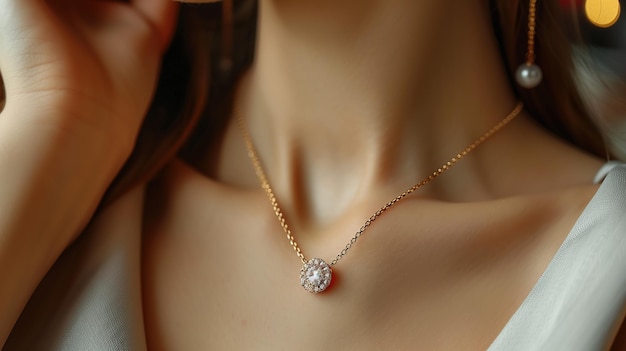 Bellezza persone e concetto di gioielli bella giovane donna che indossa pendente di diamanti luccicanti