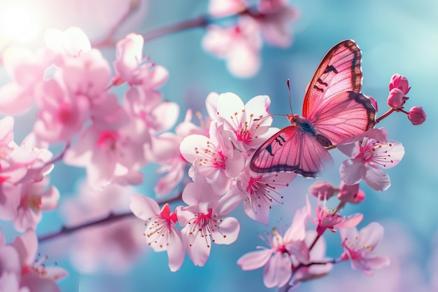 Bellezza primaverile farfalla rosa fiore di ciliegio sfondo cielo blu