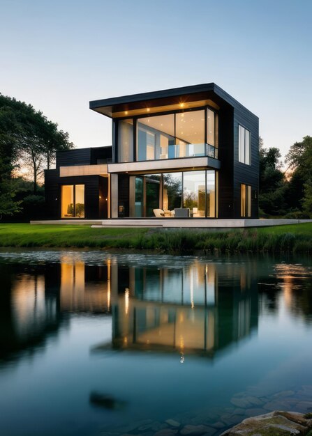 Bellezza riflessa nell'acqua Fotografare un design esterno contemporaneo di una casa sul lago