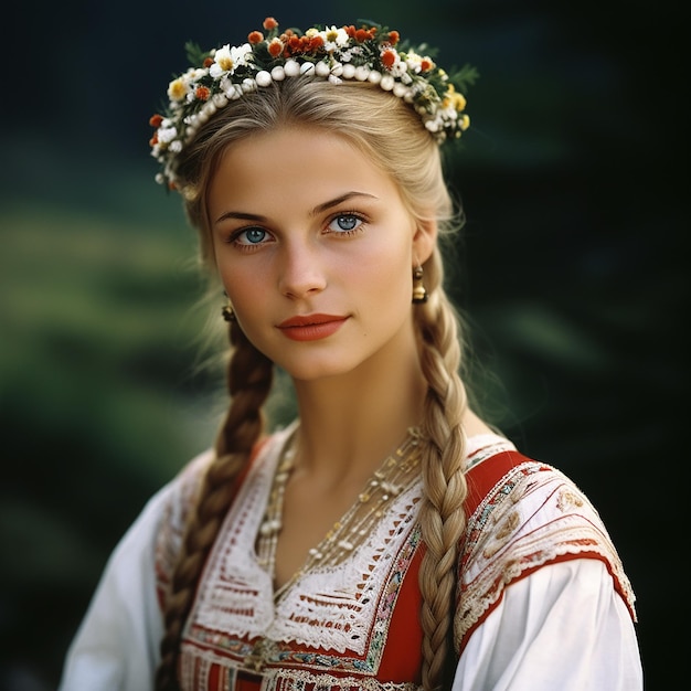 Bellezza rustica polacca in abiti tradizionali Donna con capelli intrecciati e nastri sorridente da un rurale