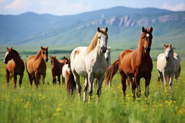 Bellezza selvaggia Cavalli selvatici affascinanti che vagano in un prato verde lussureggiante