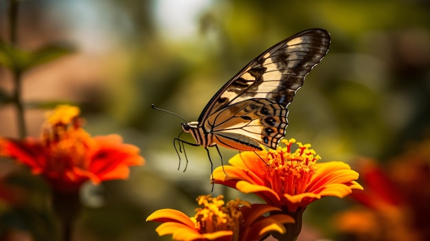 Bellezza svolazzante Una maestosa farfalla appollaiata su un delicato fiore GenerativeAI