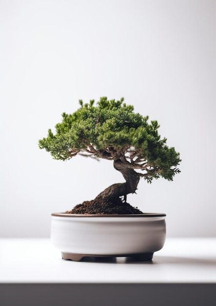 Bellezza tranquilla Albero di bonsai minimalista su sfondo bianco IA generativa