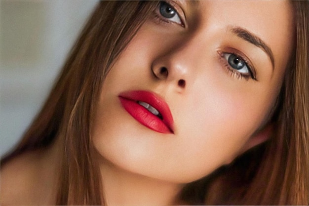 Bellezza trucco e cosmetici per la cura della pelle modello viso ritratto bella donna con rossetto rosso trucco pelle abbronzata bronzo incandescente