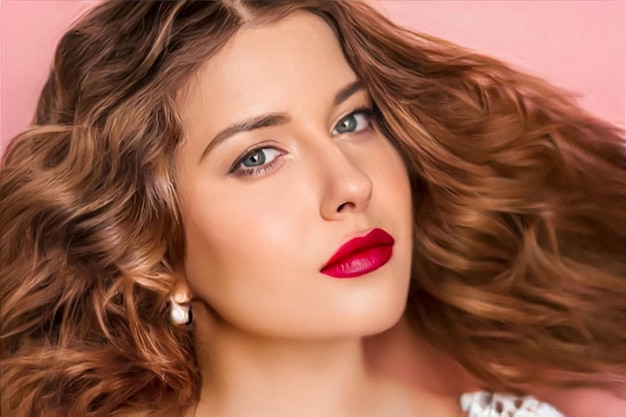 Bellezza viso ritratto bella donna con acconciatura ondulata lunga e trucco rossetto rosso opaco sul rosa