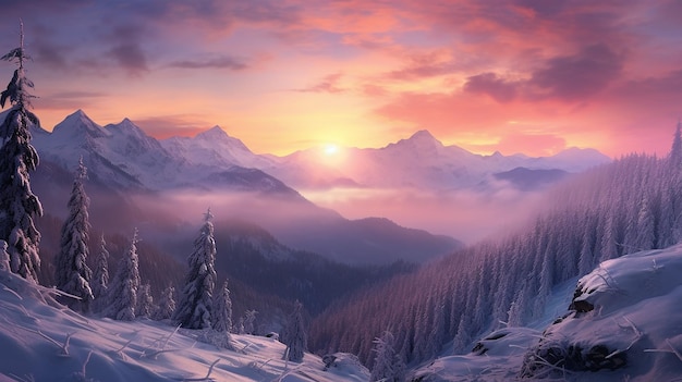 bellissima alba nebbiosa invernale sulla montagna innevata