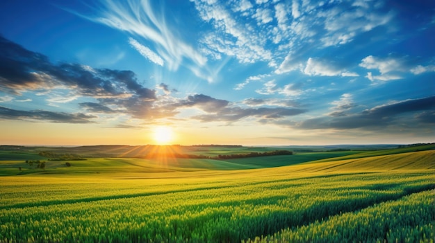 Bellissima alba su un campo con cielo azzurro