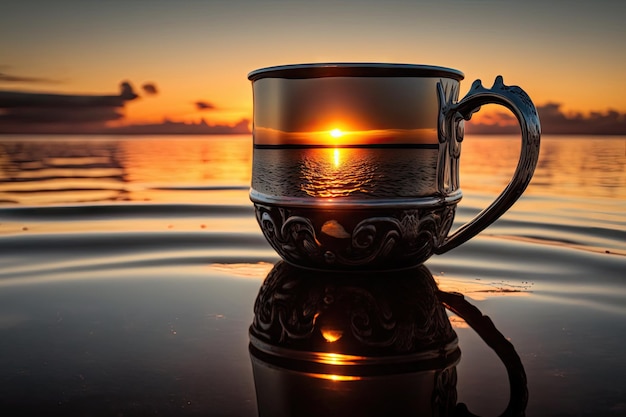 Bellissima alba sul mare riflessa in una tazza di ferro