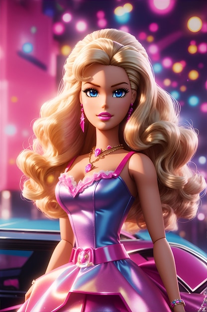 Bellissima bambola di plastica da festa retrò con capelli dorati e vestito rosa