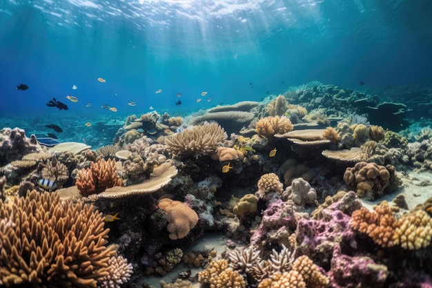 Bellissima barriera corallina con banchi di pesci e coralli colorati creati con l'IA generativa