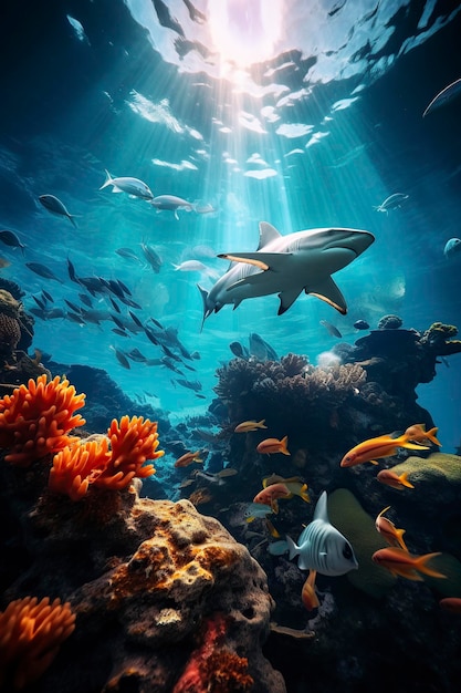 bellissima barriera corallina sul fondo marino con squali e pesci di diverse specie