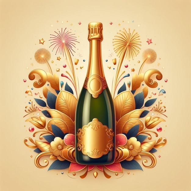 Bellissima bottiglia d'oro e rossa di champagne Celebrazione del Capodanno con champagne Celebrazione del Capod anno