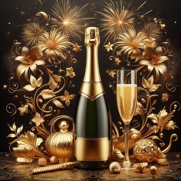 Bellissima bottiglia d'oro e rossa di champagne Celebrazione del Capodanno con champagne Celebrazione del Capod anno