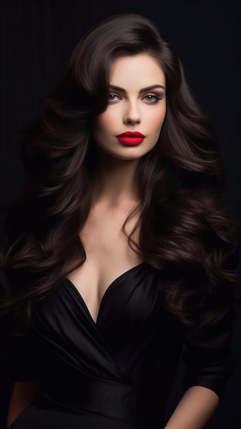 bellissima bruna con i capelli lunghi in vestito nero e rossetto rosso